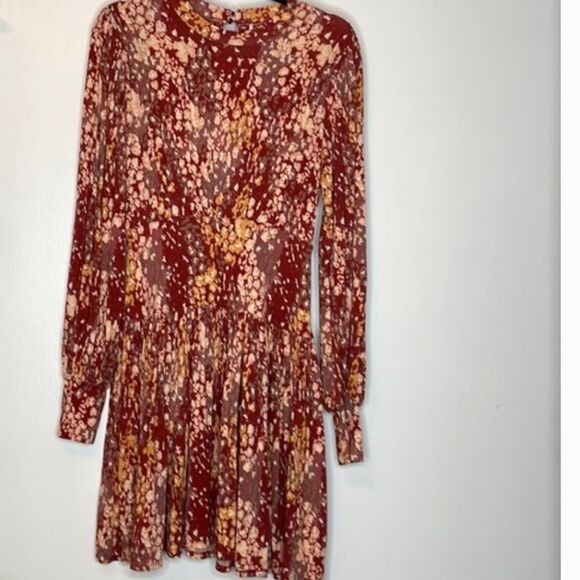 Free People Heartbeats Black Floral Print Long Sleeve Skater Dress Sz L - Picture 2 of 3